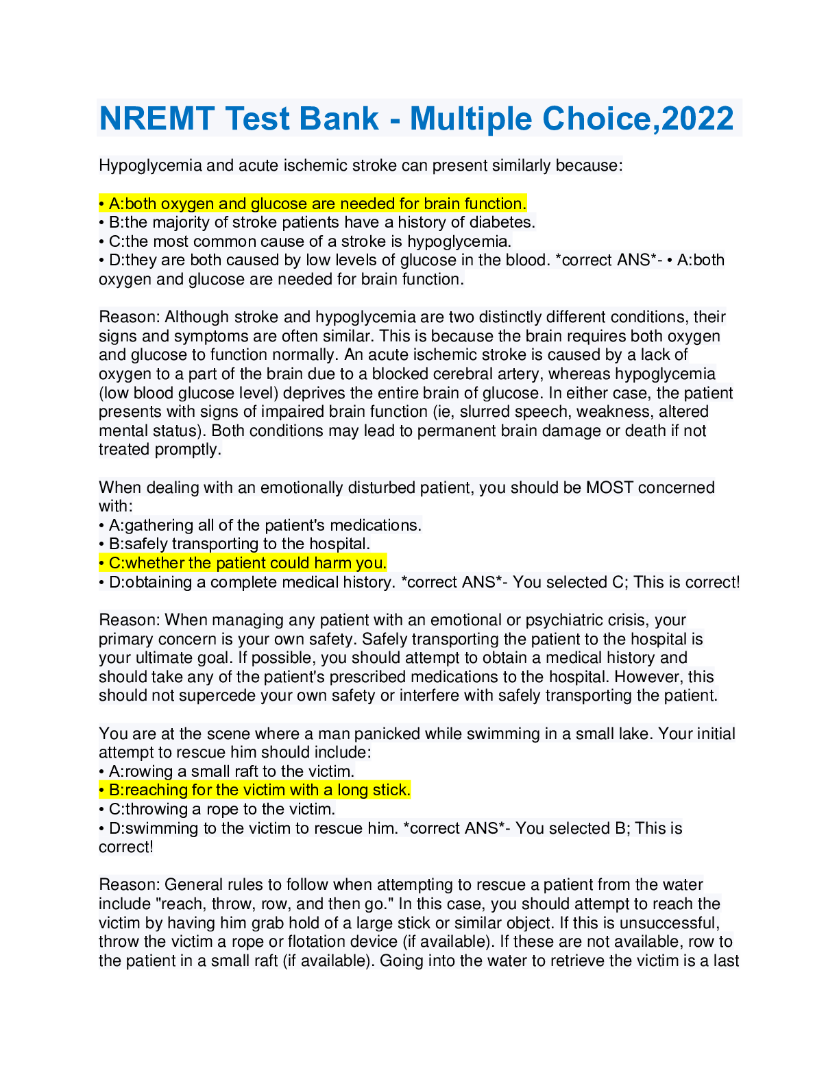 Preview image for NREMT Practice Test Bank - Multiple Choice Answered with rationales.